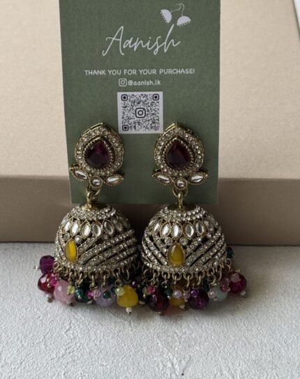 Dull Gold Jhumka with Multicoloured beads and Stone work