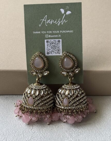 Dull Gold Jhumka with Baby Pink beads and Stone work