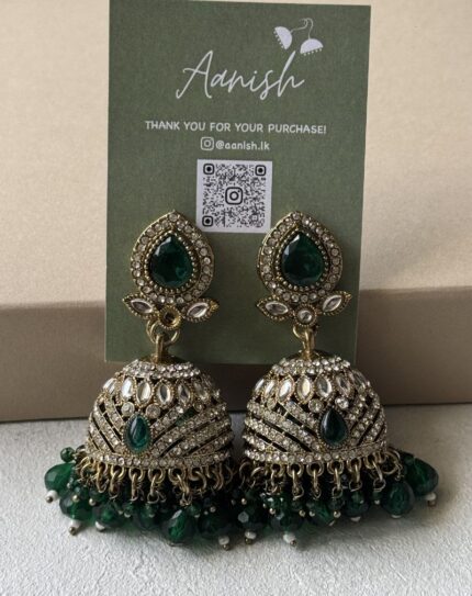 Dull Gold Jhumka with Green beads and Stone work
