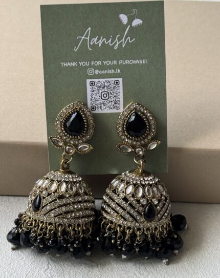 Dull Gold Jhumka with Black beads and Stone work
