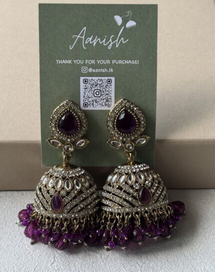 Dull Gold Jhumka with Purple beads and Stone work