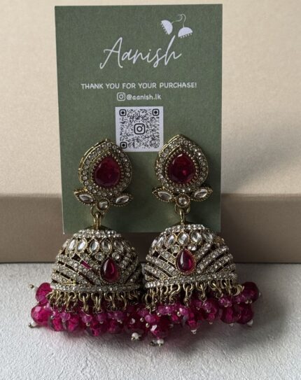Dull Gold Jhumka with Pink beads and Stone work
