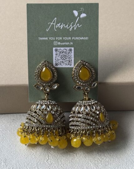 Dull Gold Jhumka with Yellow beads and Stone work