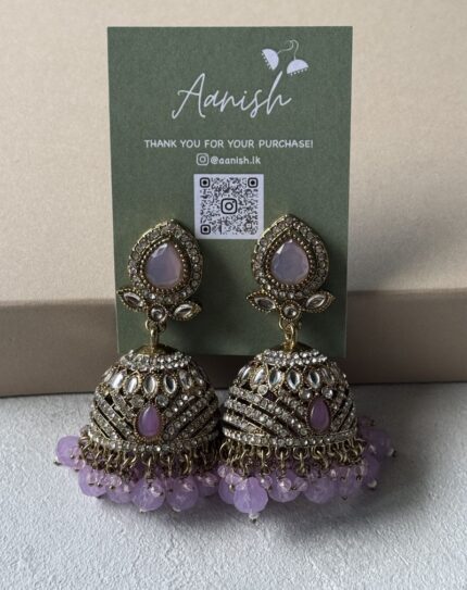 Dull Gold Jhumka with Lilac beads and Stone work