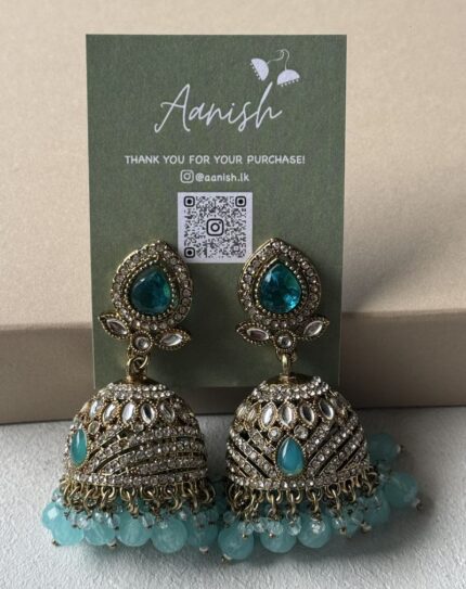 Dull Gold Jhumka with Light Blue beads and Stone work